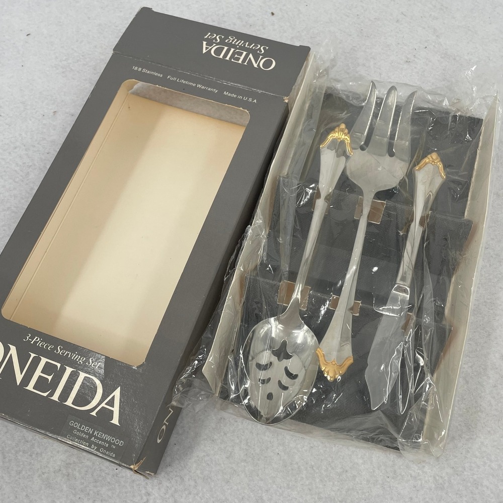 Oneida Golden Kenwood 3 Piece Serving Set Stainless Gold Accent Vintage 1987 USA